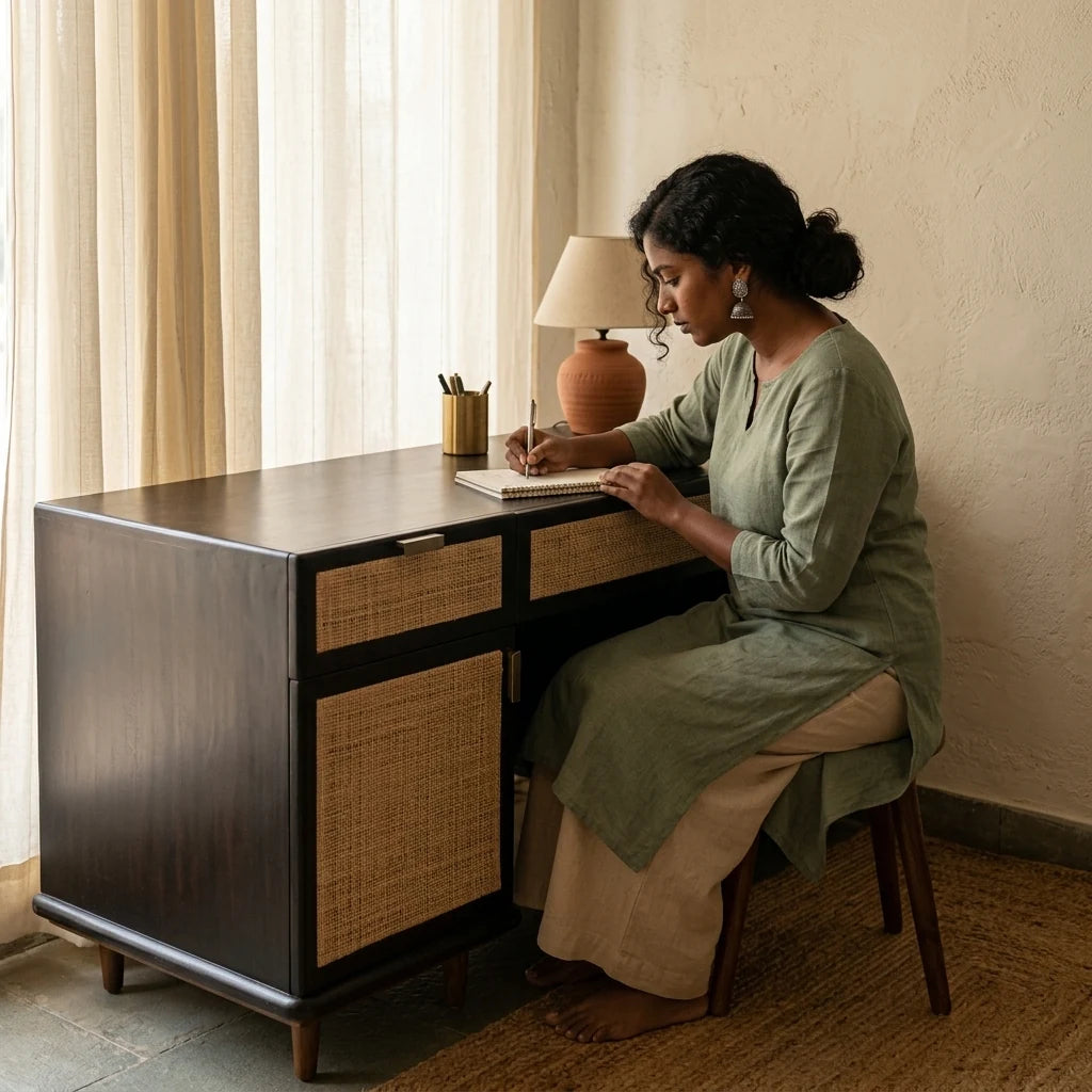 Borbo - Rattan Office Table — in use