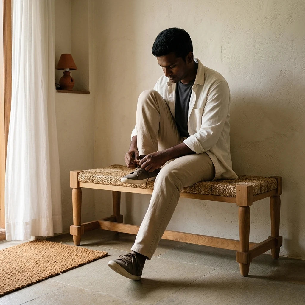 Rhaps - Banana Fiber Bench and Ottomans — in use