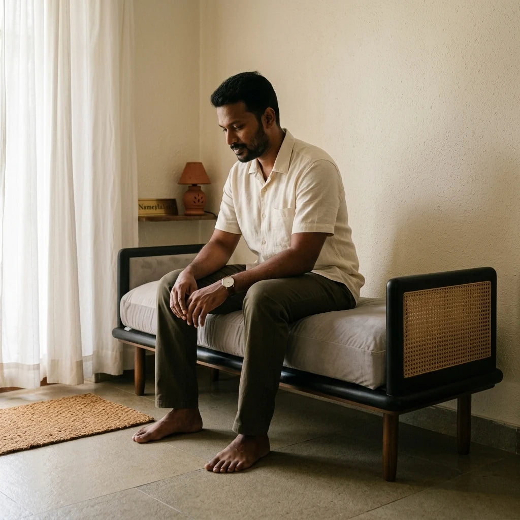 Arca - Rattan Bench and Ottomans — in use