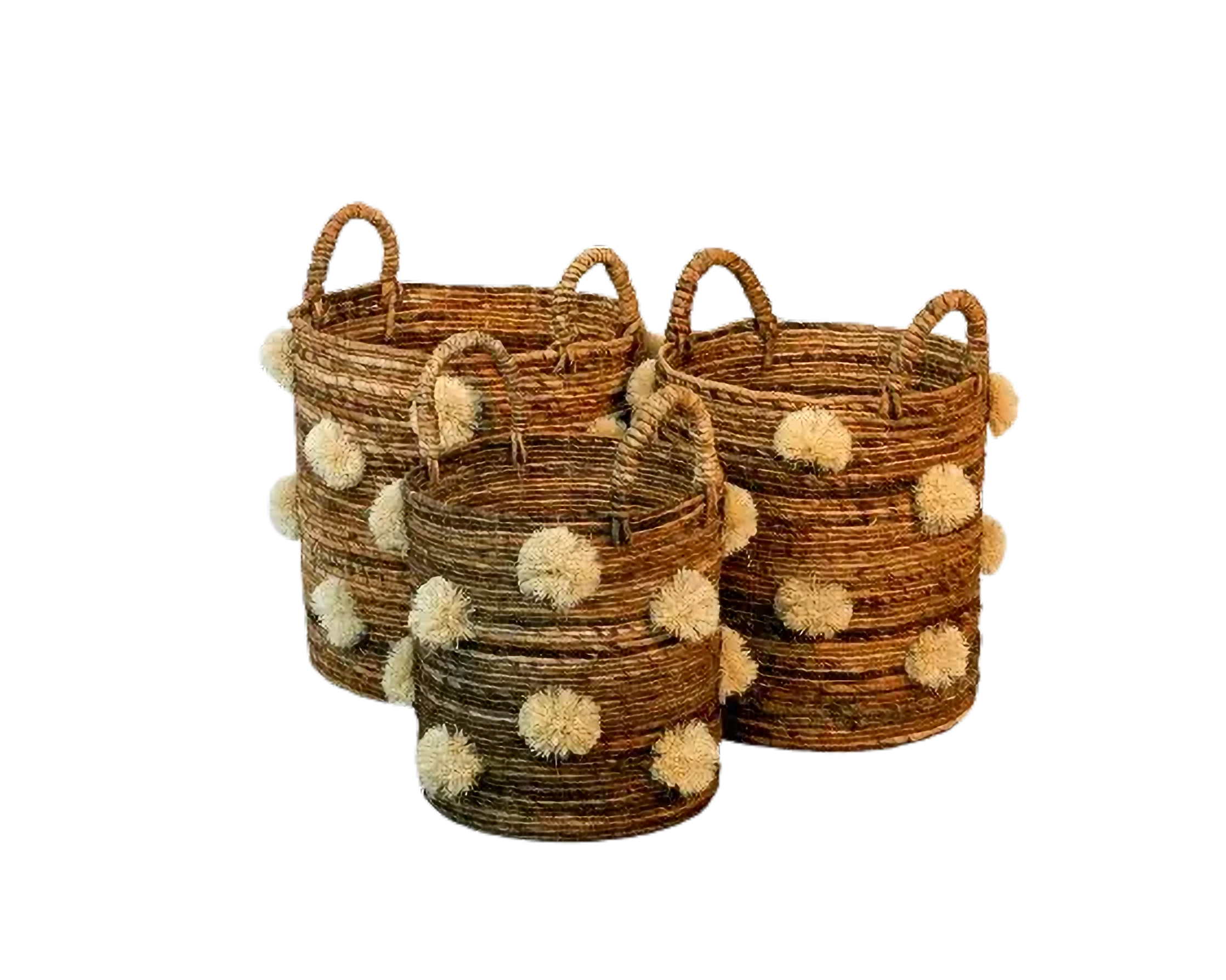 Eco-friendly Basket - Banana Fiber Mix Pom Pom - Set Of 3